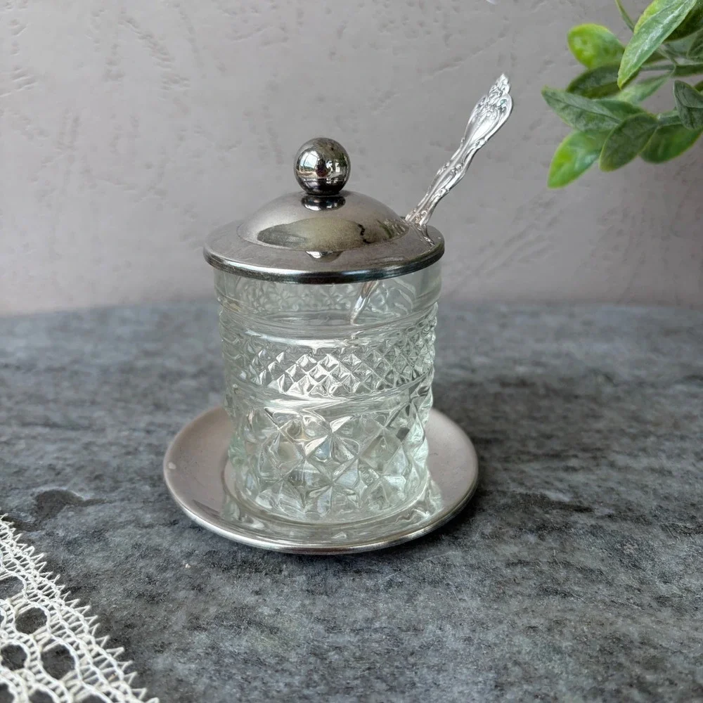 Vintage Diamond Cut Glass Jam Pot Set with Silver Tone Lid Spoon and Plate